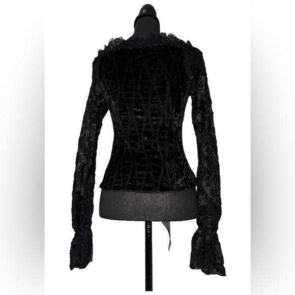 DEVIL FASHION Gothic Vampire Velvet Lace Long Sleeves Button Up Blouse - Picture 7 of 8